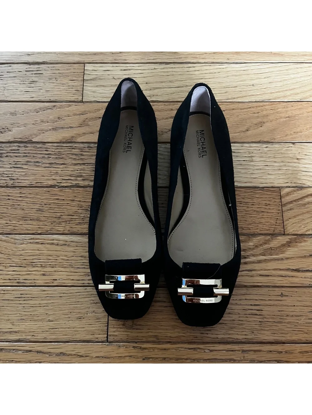 Michael Kors Black Suede Flats with Gold Buckle Accent